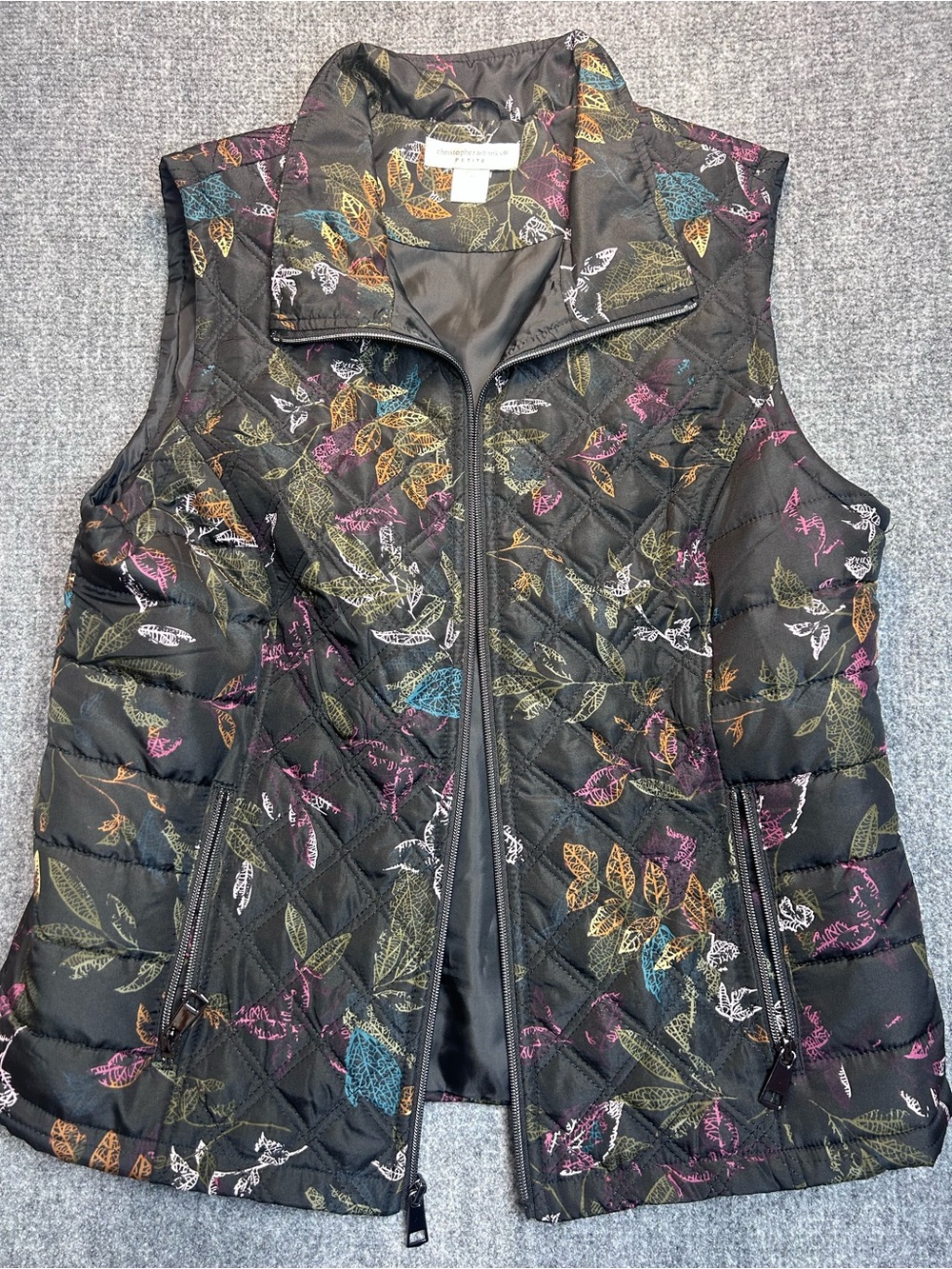Christopher & Banks Black Quilted Vest with Multicolor Leaf Print